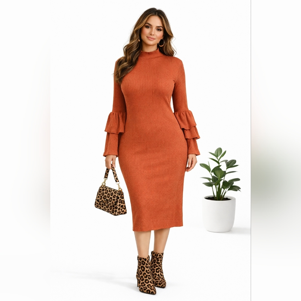 NYC Ribbed Midi Dress with Tiered Bell Sleeves in Rust